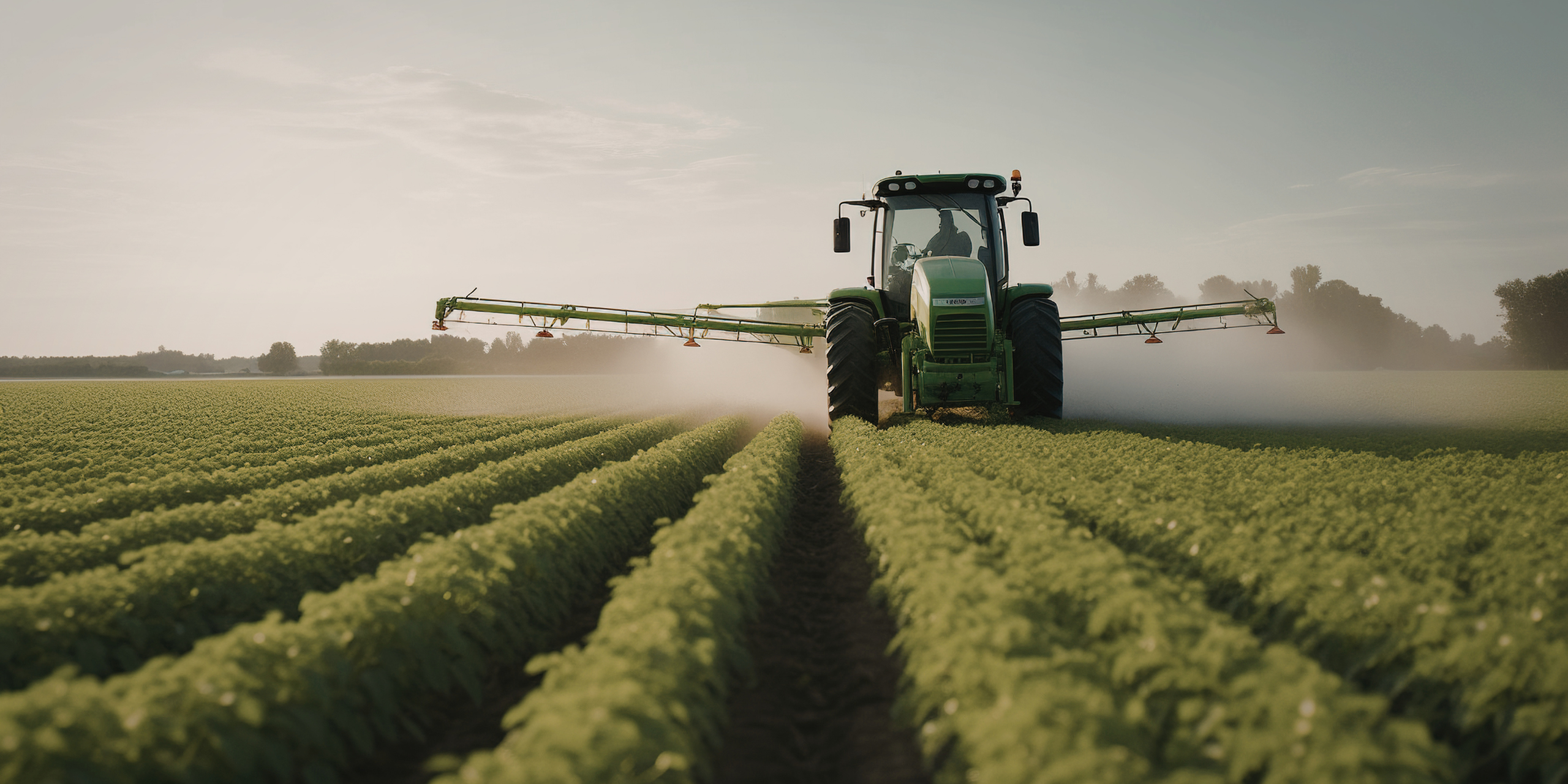 A green tractor sprays a crop field with a long boom, leaving a trail of mist behind.
