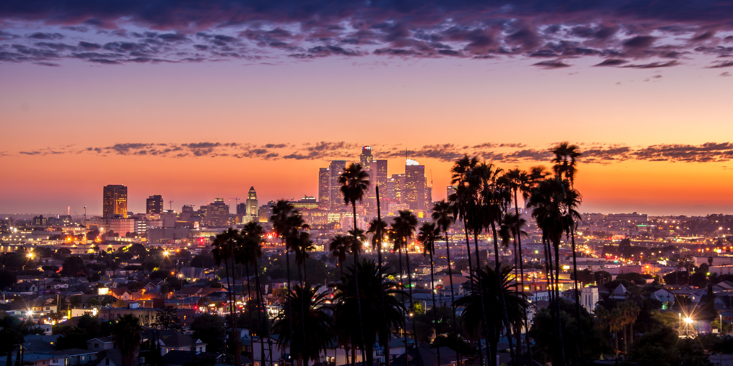 Downtown Los Angeles at sundown with palm trees in the foreground.